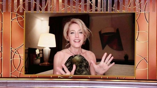Gillian Anderson speaks after winning Best Performance by an Actress in a Television Supporting Role for "The Crown," during the 78th Annual Golden Globe Awards. In TV categories, Netflix's royal drama "The Crown" scored four trophies -- the best drama series, best drama actress and actor to Emma Corrin and Josh O'Connor and best supporting actress-drama to Gillian Anderson for her role as former British PM Margaret Thatcher.(Christopher Polk / NBC via REUTERS)