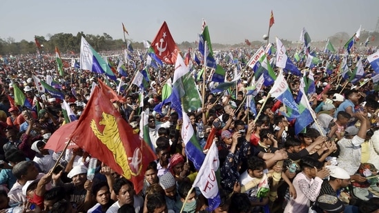 Supporters of Left Front, Congress and Indian Secular Front (ISF) at a joint rally, ahead of West Bengal assembly polls, at Brigade Parade Ground, in Kolkata on Sunday. (PTI)