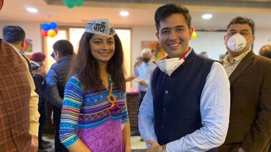 MLA Raghav Chadha inducted the former pageant winner Mansi Sehgal into the party at the Naraina Vihar club