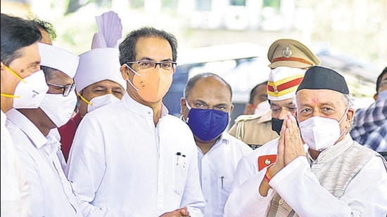 CM Uddhav Thackeray and Governor Bhagat Singh Koshyari arrive at Vidhan Bhavan on Day 1 of budget session on Monday. (Vidyadhar Rane/HT) CM Uddhav Thackeray and Governor Bhagat Singh Koshyari arrive at Vidhan Bhavan on Day 1 of budget session on Monday. (Vidyadhar Rane/HT)