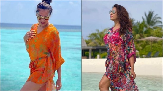 Bipasha Basu jazzes up Maldives in tangerine and floral print georgette kaftans(Instagram/varunbahlpret)