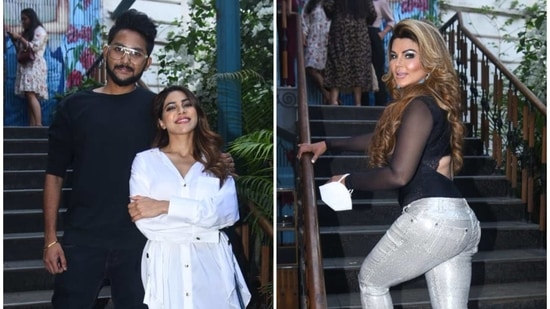 Jaan Kumar Sanu with Nikki Tamboli (L) and Rakhi Sawant at the party.(Varinder Chawla)