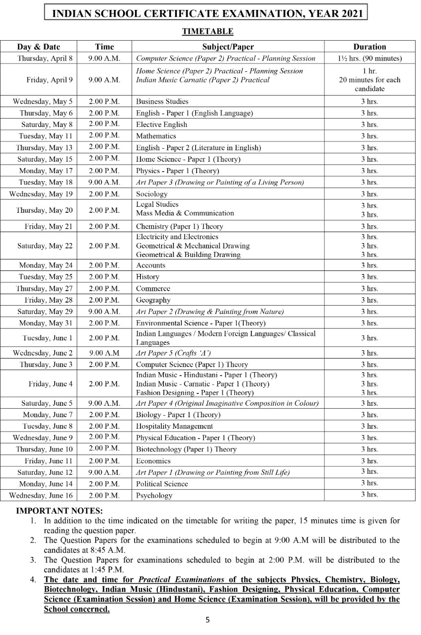 ISC exam 2021 datesheet(CISCE) ISC exam 2021 datesheet(CISCE)