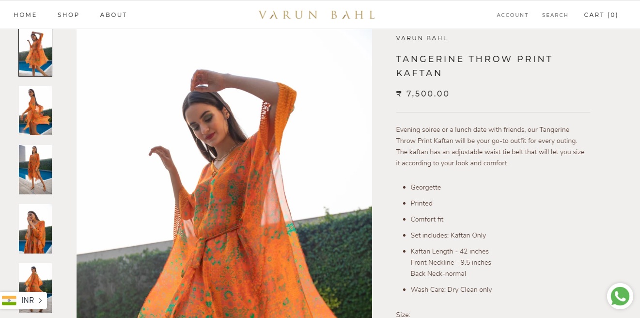 Bipasha Basu's tangerine print kaftan by Varun Bahl (varunbahl.com)
