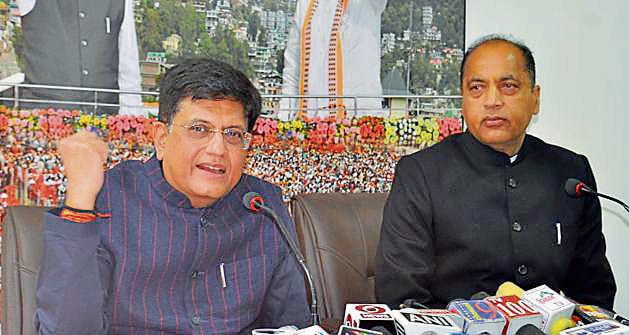 Union railway minister Piyush Goyal with Himachal chief minister Jai Ram Thakur in Shimla on Monday. (Deepak Sansta / HT) Union railway minister Piyush Goyal with Himachal chief minister Jai Ram Thakur in Shimla on Monday. (Deepak Sansta / HT)