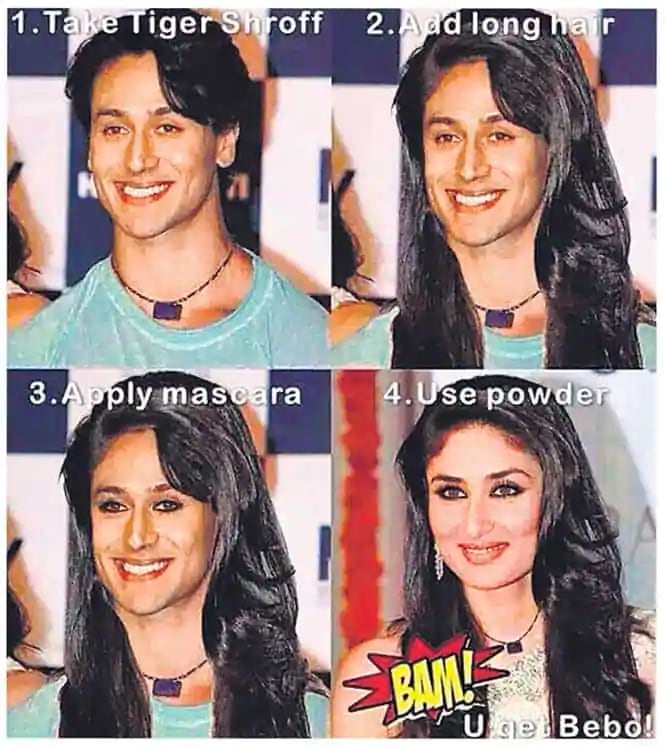 A collage showing Tiger's similarities with Kareena Kapoor Khan. A collage showing Tiger's similarities with Kareena Kapoor Khan.