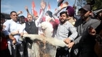 Congress activists burn an effigy of senior party leader Ghulam Nabi Azad in Jammu on Tuesday. (PTI) Congress activists burn an effigy of senior party leader Ghulam Nabi Azad in Jammu on Tuesday. (PTI)