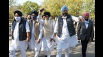 SAD leader Bikram Majithia along with the other party leaders outside the Punjab Vidhan Sabha in Chandigarh on Tuesday. (Ravi Kumar/HT) SAD leader Bikram Majithia along with the other party leaders outside the Punjab Vidhan Sabha in Chandigarh on Tuesday. (Ravi Kumar/HT)
