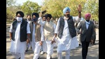 Senior Akali Dal leader Bikram Singh Majithia along with the other SAD leaders entering the Punjab Vidhan Sabha building to attend the second day of the Budget session in Chandigarh on Tuesday. (Ravi kumar/ht) Senior Akali Dal leader Bikram Singh Majithia along with the other SAD leaders entering the Punjab Vidhan Sabha building to attend the second day of the Budget session in Chandigarh on Tuesday. (Ravi kumar/ht)
