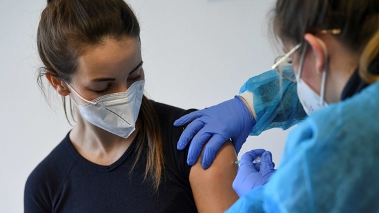 A German police staff member receives AstraZeneca's vaccine against the coronavirus disease (Covid-19), in Munich, Germany.(REUTERS)