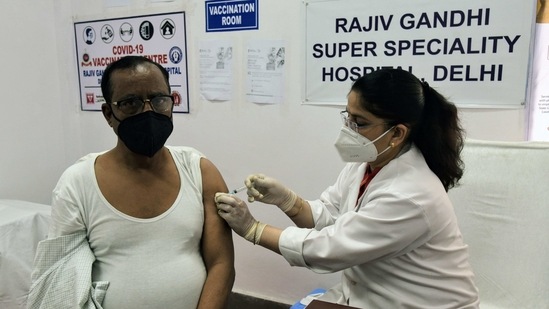 A senior citizen gets the first dose of the Covid-19 vaccine during the second phase of vaccination at Rajiv Gandhi Super Speciality Hospital in New Delhi on Monday. (ANI Photo) A senior citizen gets the first dose of the Covid-19 vaccine during the second phase of vaccination at Rajiv Gandhi Super Speciality Hospital in New Delhi on Monday. (ANI Photo)
