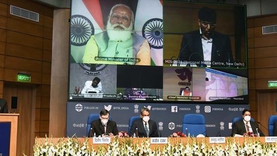 Minister of State for Ports, Shipping and Waterways (Independent Charge) and Chemicals & Fertilizers, Mansukh L. Mandaviya addressing at the inauguration of the 'Maritime India Summit 2021', in New Delhi on Tuesday. Secretary, Ministry of Ports, Shipping and Waterways, Sanjeev Ranjan and other dignitaries are also seen. (ANI Photo)