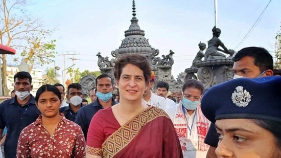 Congress leader Priyanka Gandhi Vadra in Tezpur on Tuesday. (ANI Photo) Congress leader Priyanka Gandhi Vadra in Tezpur on Tuesday. (ANI Photo)