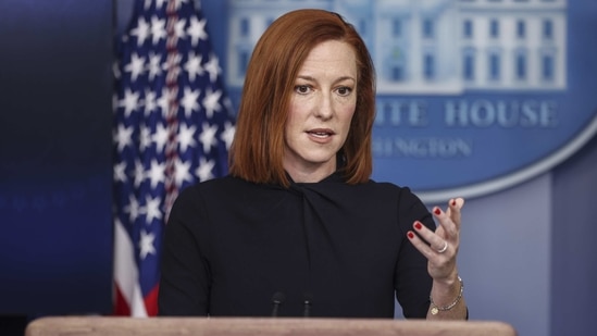 Jen Psaki, White House press secretary, speaks during a news conference in the James S. Brady Press Briefing Room at the White House in Washington, D.C., U.S., on Monday, March 1, 2021. Department of Homeland Security Secretary Alejandro Mayorkas accused the Trump administration of gutting the U.S. immigration system, complicating his job as he tries to meet demands from Democrats to roll back his predecessors' policies. Photographer: Oliver Contreras/Sipa/Bloomberg(Bloomberg)