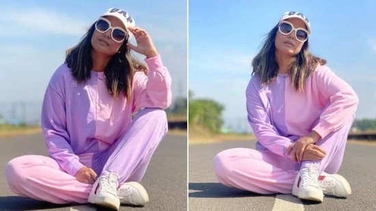 Hina Khan in pink and purple tracksuit(Instagram/ realhinakhan)