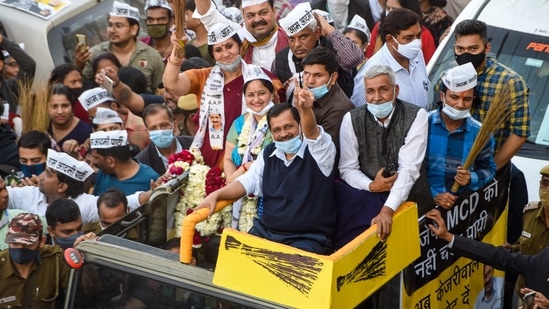 AAP National Convenor and Delhi CM Arvind Kejriwal during a roadshow for MCD by-elections in Shalimar Bagh village, New Delhi.(PTI) AAP National Convenor and Delhi CM Arvind Kejriwal during a roadshow for MCD by-elections in Shalimar Bagh village, New Delhi.(PTI)