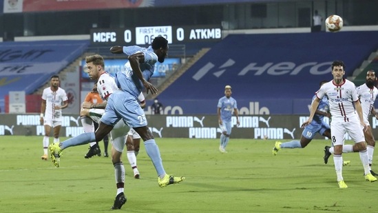 Mourtada Fall of Mumbai City FC scores a goal during the Indian Super League match between Mumbai City FC and ATK Mohun Bagan, at the GMC Stadium, Bambolim.(PTI)