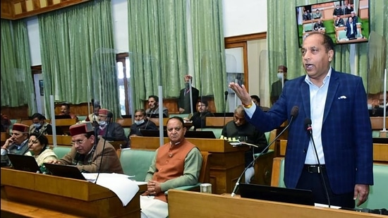 HP chief minister Jai Ram Thakur addressing during the budget session of the state assembly in Shimla on Tuesday. (ANI) HP chief minister Jai Ram Thakur addressing during the budget session of the state assembly in Shimla on Tuesday. (ANI)