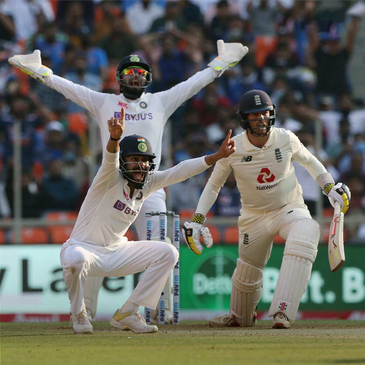 India's Rishabh Pant and Virat Kohli appeal for the wicket of England's Bastman during day one of the 3rd Test Match in the series between India and England at Narendra Modi Stadium, Motera in Ahmedabad. ((ANI Photo/ECB Twitter)) India's Rishabh Pant and Virat Kohli appeal for the wicket of England's Bastman during day one of the 3rd Test Match in the series between India and England at Narendra Modi Stadium, Motera in Ahmedabad. ((ANI Photo/ECB Twitter))