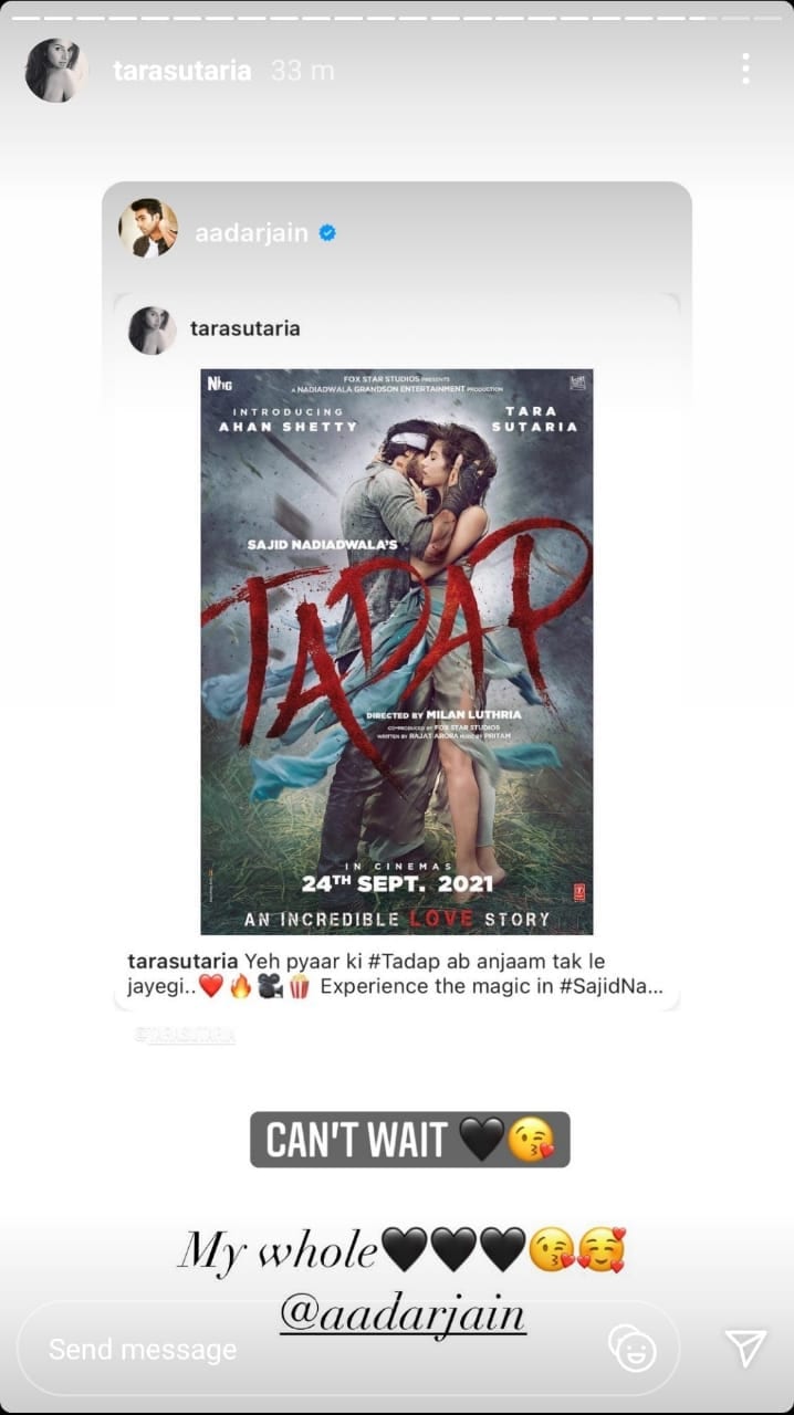 Tara Sutaria replies to Aadar Jain on Instagram. Tara Sutaria replies to Aadar Jain on Instagram.