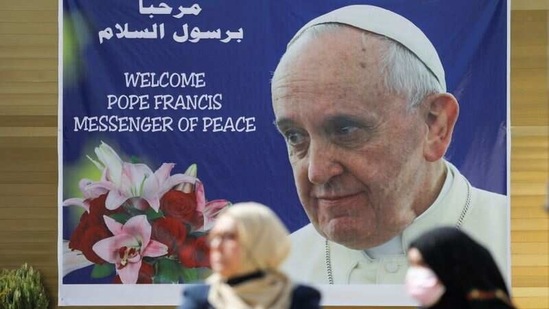 A poster of Pope Francis is seen ahead of his upcoming visit to Iraq, in Baghdad.(REUTERS)