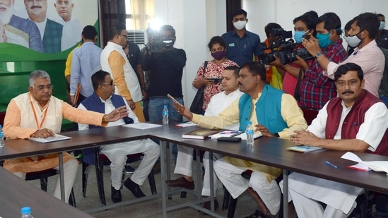 State BJP Election Committee holds a meeting ahead of West Bengal Assembly Election; party leader Kailash Vijayavargiya, Dilip Ghosh, and others are present, in Kolkata on Wednesday. (ANI Photo) State BJP Election Committee holds a meeting ahead of West Bengal Assembly Election; party leader Kailash Vijayavargiya, Dilip Ghosh, and others are present, in Kolkata on Wednesday. (ANI Photo)