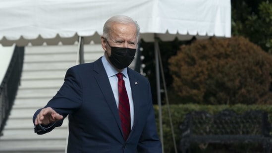 US President Joe Biden speaks to members of the media before boarding Marine One on the South Lawn of the White House in Washington, D.C., US.(Bloomberg) US President Joe Biden speaks to members of the media before boarding Marine One on the South Lawn of the White House in Washington, D.C., US.(Bloomberg)