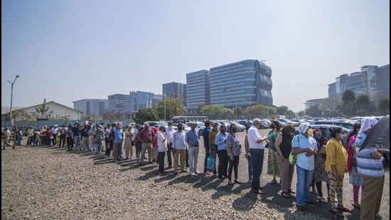 Senior citizens queue up to get vaccinated against Covid-19 outside BKC vaccination centre in Mumbai on Tuesday, March 2. (Pratik Chorge/HT Photo)