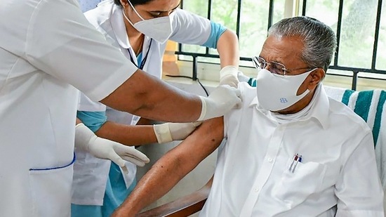 **EDS: TWITTER IMAGE POSTED BY @PIBTvpm ON WEDNESDAY, MARCH 3, 2021** Thiruvananthapuram: Kerala Chief Minister Pinarayi Vijayan receives the first dose of COVID vaccine in Thiruvananthapuram. (PTI Photo)(PTI03_03_2021_000031B)(PTI) **EDS: TWITTER IMAGE POSTED BY @PIBTvpm ON WEDNESDAY, MARCH 3, 2021** Thiruvananthapuram: Kerala Chief Minister Pinarayi Vijayan receives the first dose of COVID vaccine in Thiruvananthapuram. (PTI Photo)(PTI03_03_2021_000031B)(PTI)