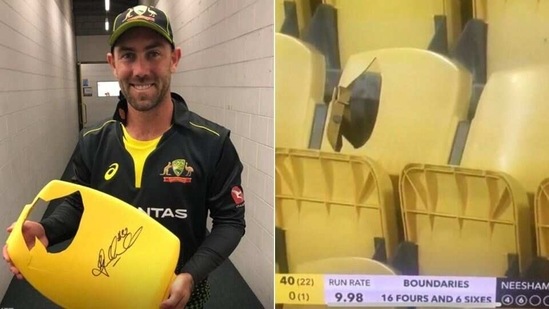 Glenn Maxwell with the seat broken by his shot(Twitter) Glenn Maxwell with the seat broken by his shot(Twitter)