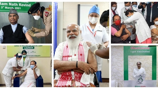 PM Modi, President Kovind, Vice President Naidu, Union minister Harsh Vardhan and eminent Sarod player Ustad Amjad Ali Khan received their first does of Covid-19 vaccine. (HT Photos/Twitter/BeFunkyCollage) PM Modi, President Kovind, Vice President Naidu, Union minister Harsh Vardhan and eminent Sarod player Ustad Amjad Ali Khan received their first does of Covid-19 vaccine. (HT Photos/Twitter/BeFunkyCollage)