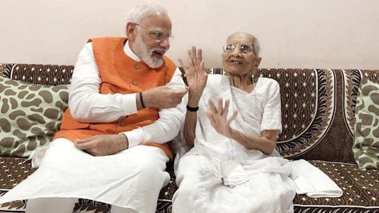 Prime Minister Modi with his mother Heeraben Modi on his 69th birthday in Gandhinagar. 