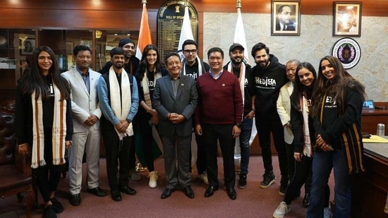 Varun Dhawan, Kriti Sanon and the Bhediya team with Arunachal Pradesh CM Pema Khandu.