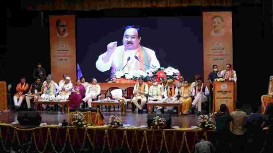 BJP chief JP Nadda addresses party leaders, workers in Jaipur on Tuesday, March 2. (Photo: BJP media cell)