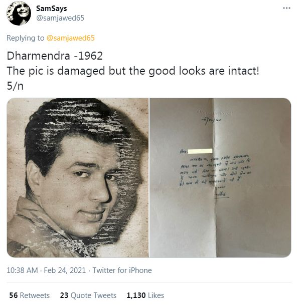 Dharmendra's photograph and handwritten letter. Dharmendra's photograph and handwritten letter.