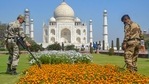 Security personnel check for bombs in the premises of the historic Taj Mahal, in Agra, Thursday, March 4, 2021. (PTI Photo ) Security personnel check for bombs in the premises of the historic Taj Mahal, in Agra, Thursday, March 4, 2021. (PTI Photo )