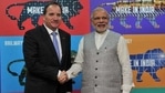 This will be the fifth interaction between the two leaders since 2015. In picture - Narendra Modi with Swedish Prime Minister Stefan Löfven at the Make in India centre, in Mumbai.(PIB) This will be the fifth interaction between the two leaders since 2015. In picture - Narendra Modi with Swedish Prime Minister Stefan Löfven at the Make in India centre, in Mumbai.(PIB)