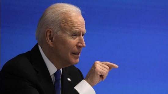 US President Joe Biden speaks during a virtual meeting with the House Democratic Caucus in the Eisenhower Executive Office Building in Washington, DC on March 3, 2021. (Bloomberg) US President Joe Biden speaks during a virtual meeting with the House Democratic Caucus in the Eisenhower Executive Office Building in Washington, DC on March 3, 2021. (Bloomberg)