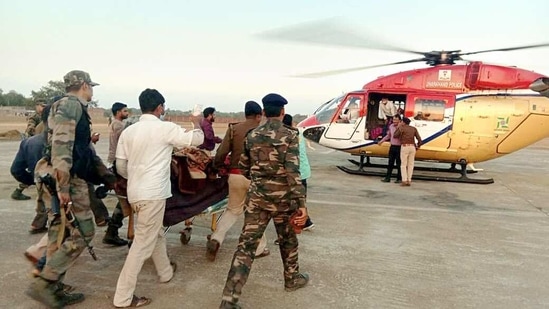 One civilian injured when he accidentally stepped on an IED planted by Naxals with intend to cause damage to security forces and snatch their weapons. He immediately shifted to the hospital as District contact Jharkhand police headquarters requested for airlift the injured person brought to Ranchi for better treatment by helicopter, in Gumla on Saturday. (ANI Photo) One civilian injured when he accidentally stepped on an IED planted by Naxals with intend to cause damage to security forces and snatch their weapons. He immediately shifted to the hospital as District contact Jharkhand police headquarters requested for airlift the injured person brought to Ranchi for better treatment by helicopter, in Gumla on Saturday. (ANI Photo)