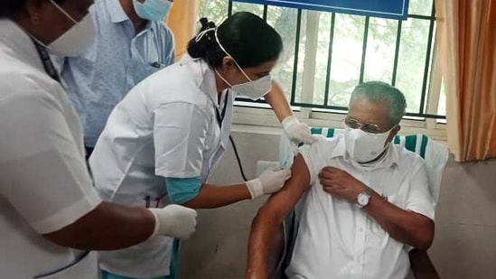 Kerala chief minister Pinarayi Vijayan receives the first dose of the Covid-19 vaccine during the second phase of vaccination, in Thiruvananthapuram on Wednesday. (ANI Photo) Kerala chief minister Pinarayi Vijayan receives the first dose of the Covid-19 vaccine during the second phase of vaccination, in Thiruvananthapuram on Wednesday. (ANI Photo)