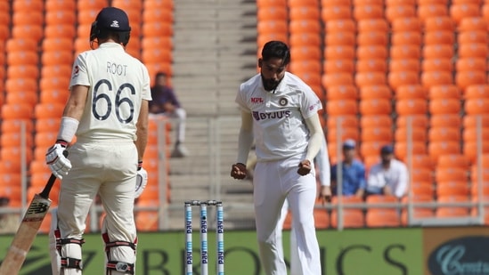 India's Mohammad Siraj celebrates the dismissal of England's Joe Root during the 4th Test Match between India and England at Narendra Modi Stadium in Ahmedabad on Thursday. (BCCI/ANI Photo)