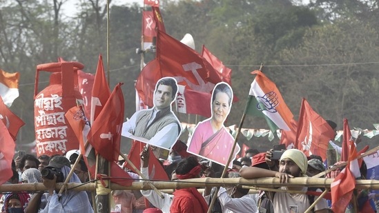 Kolkata: Congress Supporters holding cutouts of their party leaders take part in the Left-Congress and Indian Secular Front (ISF) joint rally, ahead of West Bengal assembly polls, at Brigade Parade Ground, in Kolkata, Sunday, Feb. 28, 2021. (PTI Photo/Ashok Bhaumik)(PTI02_28_2021_000154A)(PTI) Kolkata: Congress Supporters holding cutouts of their party leaders take part in the Left-Congress and Indian Secular Front (ISF) joint rally, ahead of West Bengal assembly polls, at Brigade Parade Ground, in Kolkata, Sunday, Feb. 28, 2021. (PTI Photo/Ashok Bhaumik)(PTI02_28_2021_000154A)(PTI)