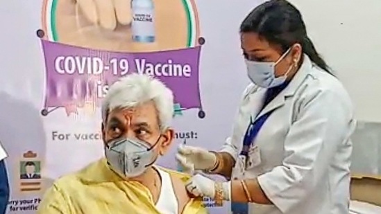 Sinha received his first shot as the country's vaccination campaign has been widened to include people above 60, and those who are 45 or more and suffering from certain medical conditions.(PTI)