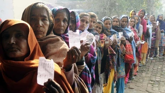 Patiala, India-30 December 2018::::::voters showing Voter Slips before casting her vote during the panchayati election at Dharamkot village in Patiala on Sunday, December 30, 2018.(Bharat Bhushan/Hindustan Times) Patiala, India-30 December 2018::::::voters showing Voter Slips before casting her vote during the panchayati election at Dharamkot village in Patiala on Sunday, December 30, 2018.(Bharat Bhushan/Hindustan Times)