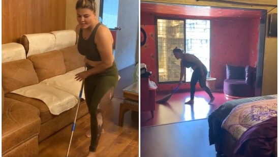 Rakhi Sawant shard a video of herself doing household chores.