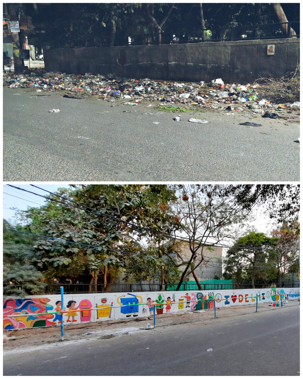 The walls in the area around Sai Baba temple in Rohini had mounds of garbage lining the dilapidated walls before Vrikshit Foundation cleaned it up. The walls in the area around Sai Baba temple in Rohini had mounds of garbage lining the dilapidated walls before Vrikshit Foundation cleaned it up.