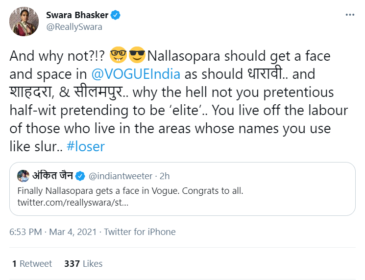 A screengrab of Swara Bhasker's tweet.