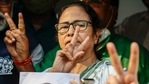 Chief Minister of West Bengal state and Trinamool Congress party leader Mamata Banerjee displays the victory symbol during the declaration of the names of the party's candidates for the upcoming legislative assembly elections in Kolkata, India, Friday, March 5, 2021. The eight phased legislative assembly elections in the state are scheduled to begin on March 27. (AP Photo/Bikas Das)(AP)