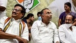 "We will fight for a respectable number of seats to keep the morale of the Congress men very high," Moily said. In picture - Congress leaders K.S. Alagiri (left), M. Veerappa Moily (right) and Dinesh Gundu Rao (centre).(PTI) "We will fight for a respectable number of seats to keep the morale of the Congress men very high," Moily said. In picture - Congress leaders K.S. Alagiri (left), M. Veerappa Moily (right) and Dinesh Gundu Rao (centre).(PTI)