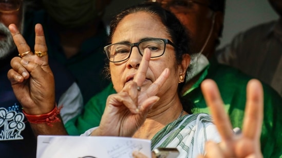 Chief Minister of West Bengal state and Trinamool Congress party leader Mamata Banerjee displays the victory symbol during the declaration of the names of the party's candidates for the upcoming legislative assembly elections in Kolkata, India, Friday, March 5, 2021. The eight phased legislative assembly elections in the state are scheduled to begin on March 27. (AP Photo/Bikas Das)(AP) Chief Minister of West Bengal state and Trinamool Congress party leader Mamata Banerjee displays the victory symbol during the declaration of the names of the party's candidates for the upcoming legislative assembly elections in Kolkata, India, Friday, March 5, 2021. The eight phased legislative assembly elections in the state are scheduled to begin on March 27. (AP Photo/Bikas Das)(AP)